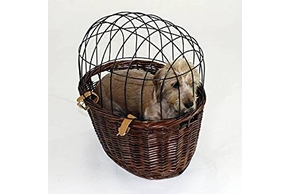 Chien dans un panier a velo en osier