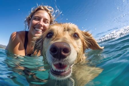 Labrador retriever nage avec sa maitresse adobestock 600529004